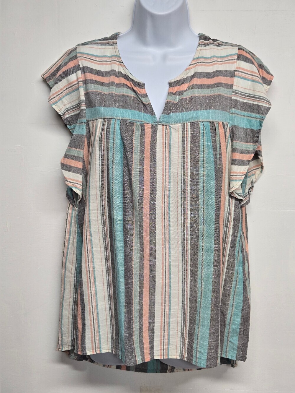 Knox Rose S Top V Neck Ruffle Short Sleeve Stripes Rayon Cotton Summer